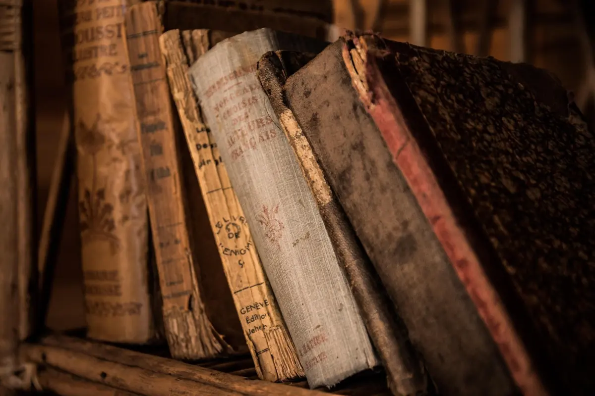 Weathered antique books on a wooden shelf, symbolising the history of oil palm in Malaysia